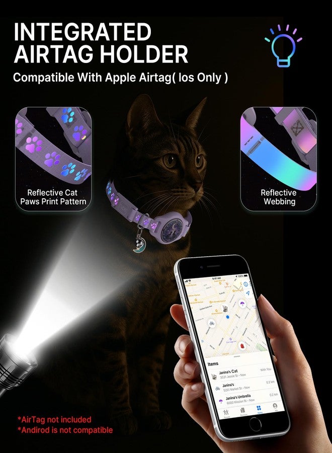 typecase طوق للقطط مع حامل جهاز تتبع AirTag، عبوة من قطعتين، طوق مقاوم للماء قابل للفك للقطط الصغيرة، متوافق مع جهاز تتبع Apple AirTag GPS، طوق قابل للتعديل مع مشبك وجرس ونمط عاكس للقطط والقطط الصغيرة، بنفسجي (8-11 بوصة). - Image 2